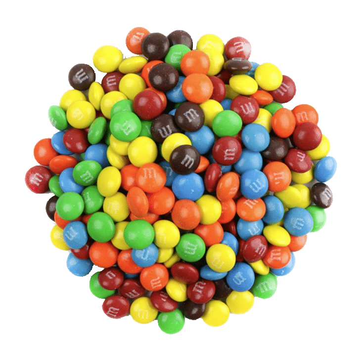 M&Ms chocolate candy brand logo and colorful candy pieces